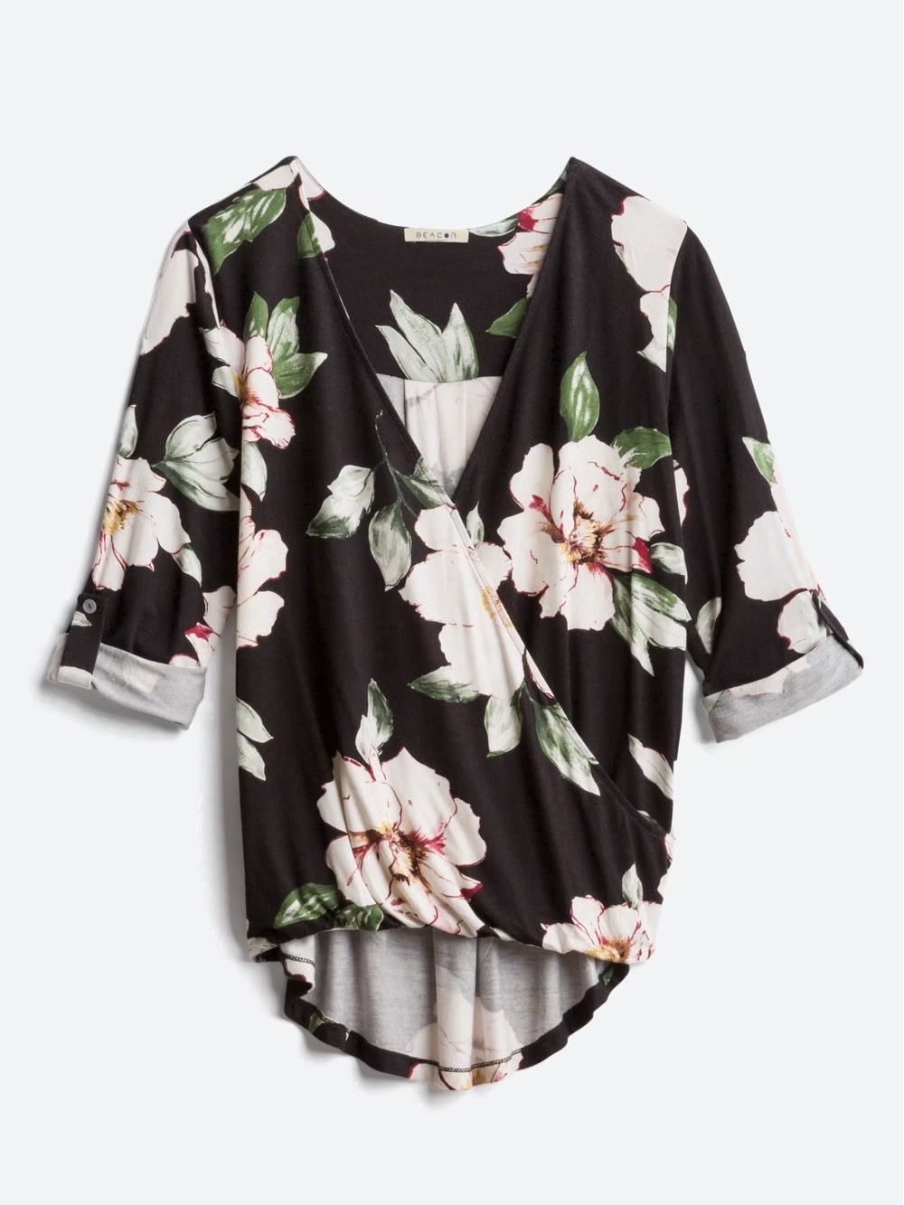 Floral Surplice Wrap Top in Black